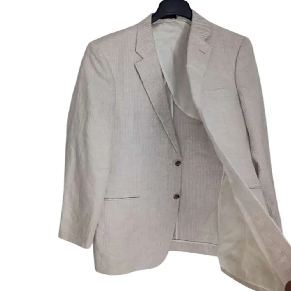 John W Nordstrom‎ Beige Herringbone Stripe 100% Linen Sport Coat Blazer 42R $395